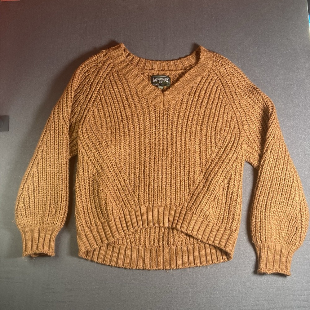 American Eagle Women Chunky Knit V Neck Sweater Orange Brown Slouchy Size L